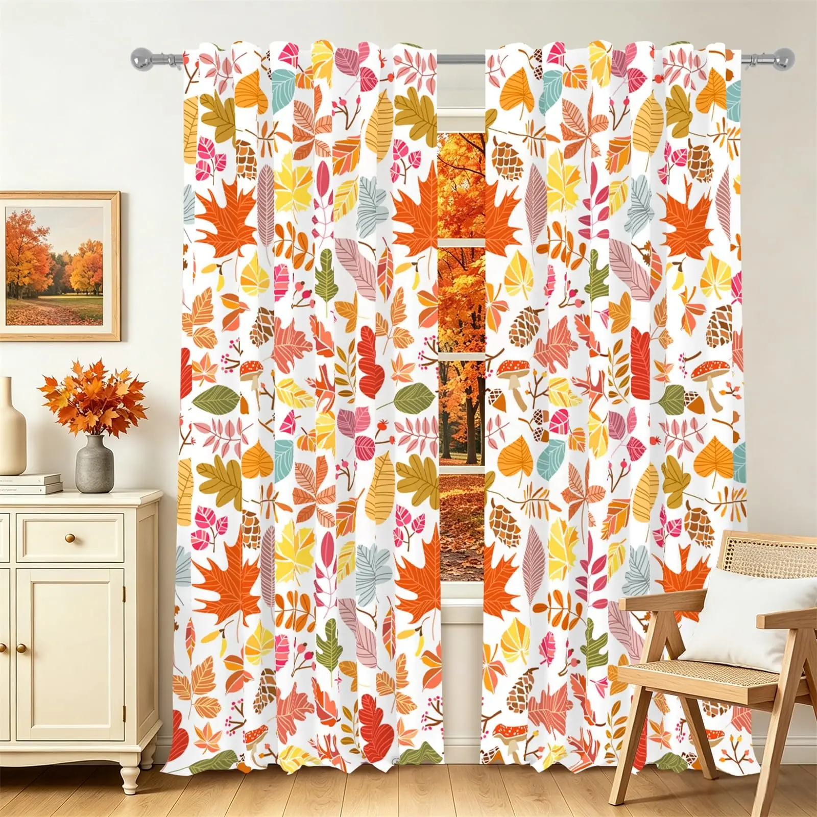 53 x 84 Inch Fall Maple Leaf Tier Curtains for Small Window Autumn Leaf Mushroom Pinecone Short Light Filtering Curtain