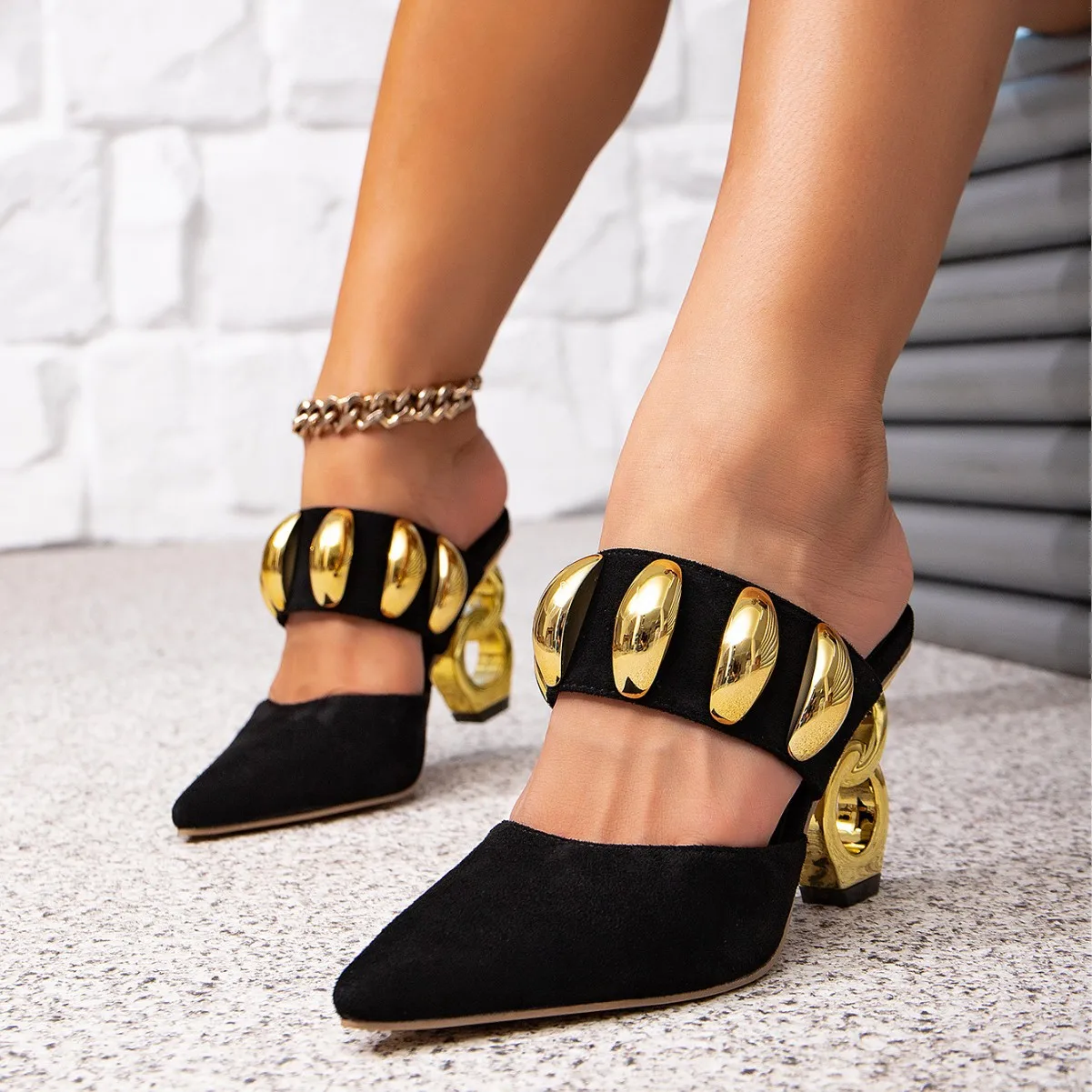 Women's Summer Fashion Black High Heel Sandals Pointed Irregular High Heel Sandals Slippers Gold Metal Decorative High Heels view 4