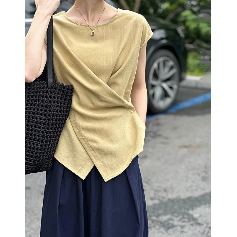 

2025 Summer Top Casual Irregular Short Sleeve Cross Vest Shirt Women