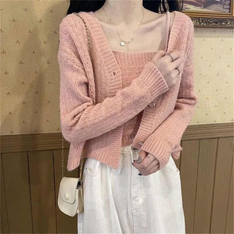 Women\'s Knitted Cardigan Jacket with Suspender Sweater Two-piece Set Korean Fashion Women Clothing Spring and Autumn Top Pink