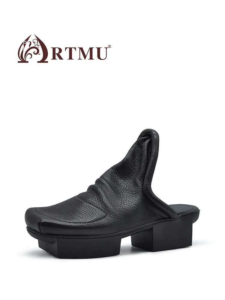 Artmu Retro Thick Heel Slippers For Women Closed Toe 5cm High Heel Slides Luxury Outdoor Slippers Genuine Leather Beach Slides