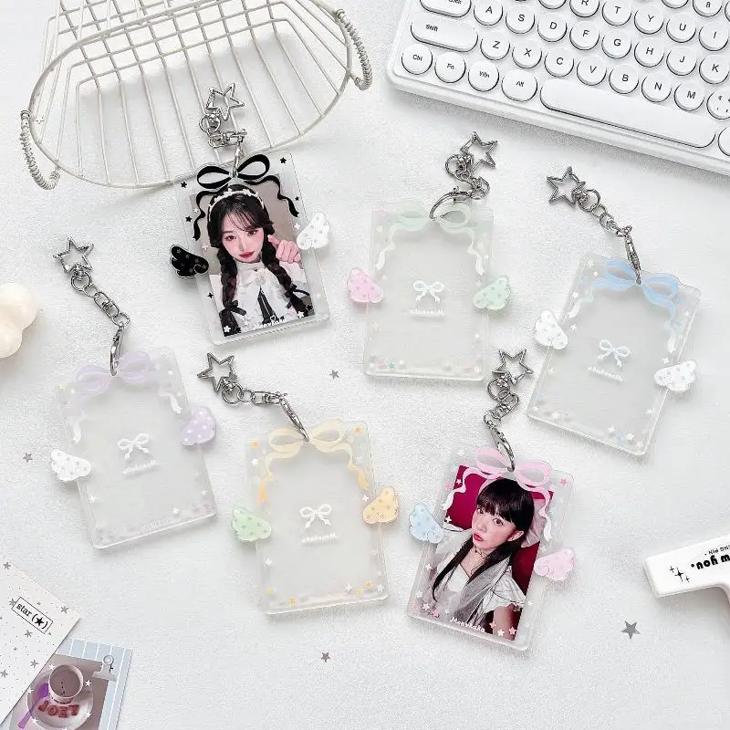 Acrylic Photocard Holder With Cute Bow Wing Design Star Keychain For Fans Collect Idol Photos School ID Badges