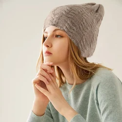 100% Cashmere Knitted Beanies Hat for Women Winter Warm Soft Slouchy Skullies Cap Gorros Autumn Y2K Korea Fashion Bonnet