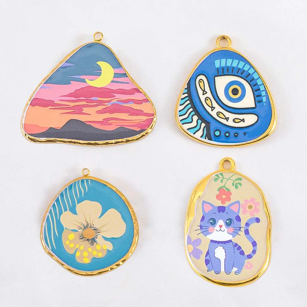 2 Stück Edelstahl-Anhänger, goldfarben, Geometrie, Emaille, bedruckte Blumenlandschaft, böser Blick, Tier-Charm, DY-Halskette, Schmuckherstellung