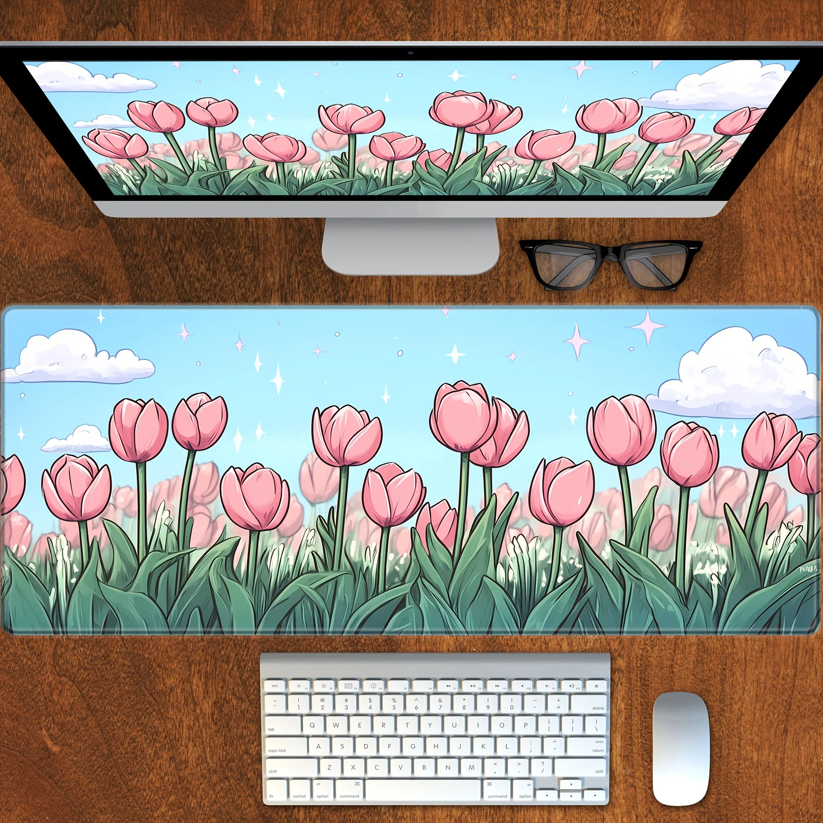 

Pink tulip pattern large Mouse Pad Desk Mat Gaming mats Non-Slip Stitched Edge desk accessories Computer mousepads tapis souris