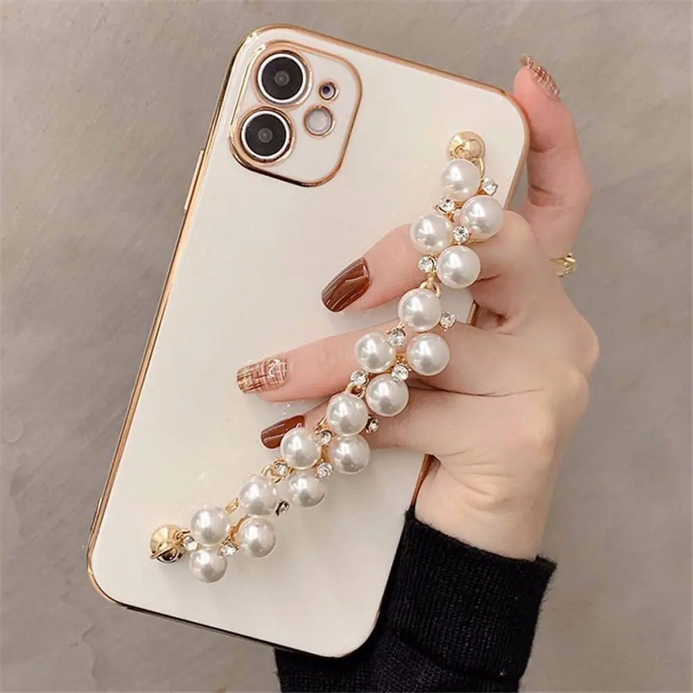 Phone Fall Prevention Elegant Phone White Pearls Loss Prevention Strap Chain Holder Cell Phone Pearls Crystals Straps