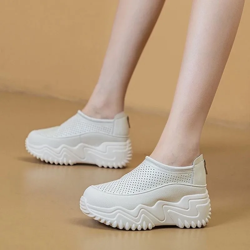 Zapatos vulcanizados huecos para mujer, zapatillas de plataforma con cremallera, zapatos cómodos para caminar y trotar al aire libre, otoño