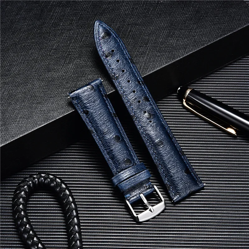 Vintage Quick Release หนังแท้18มม.20มม.22มม.รูปแบบนกกระจอกเทศสีดำสีแดงสีน้ำตาลสีเหลืองสีน้ำเงินสายเข็มขัด