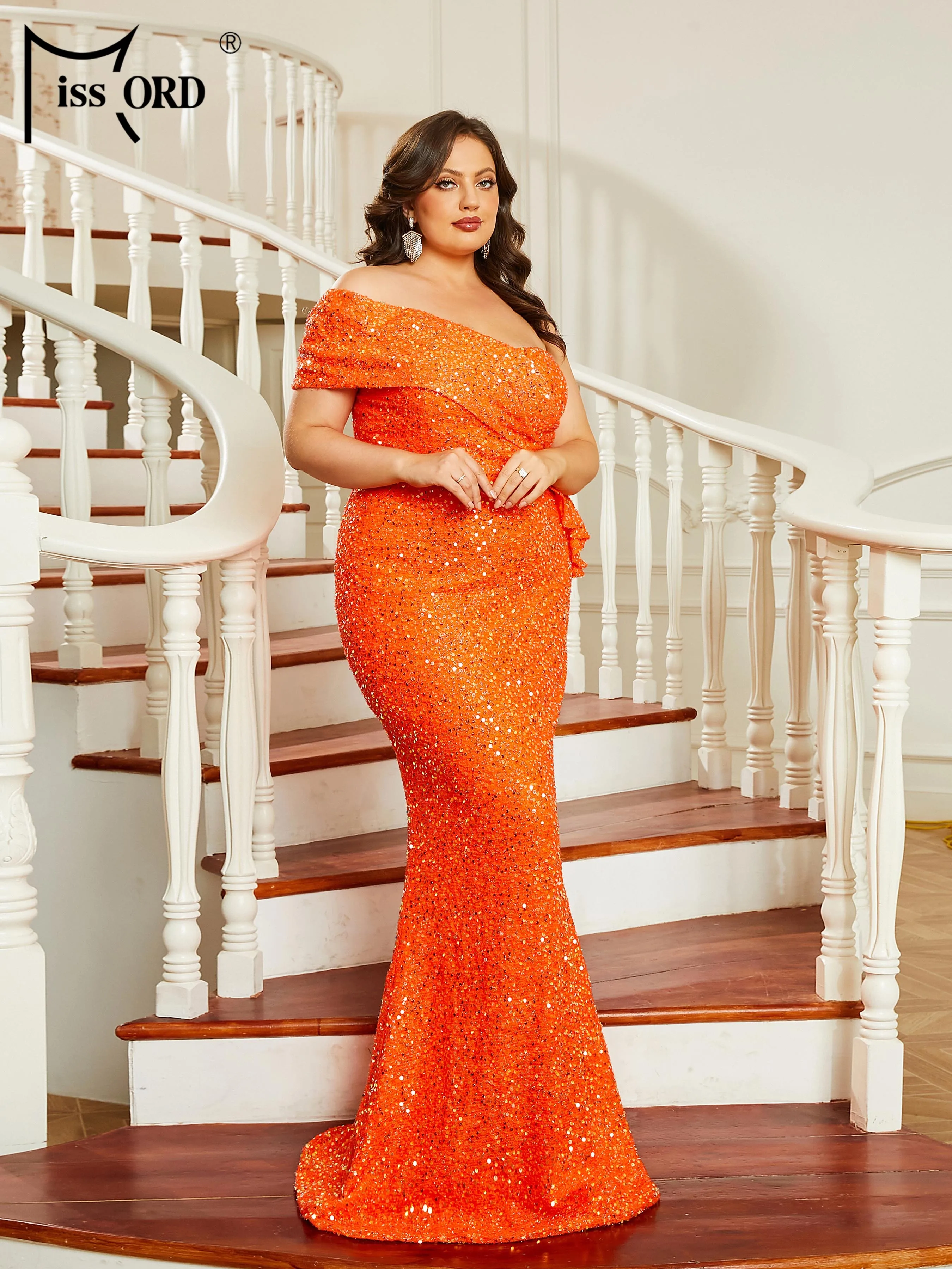 Missord Orange Sequin Plus Size Prom Dress Elegant Women One Shoulder Sleeveless Ruffles Bodycon Part Prom Dresses Long Gown