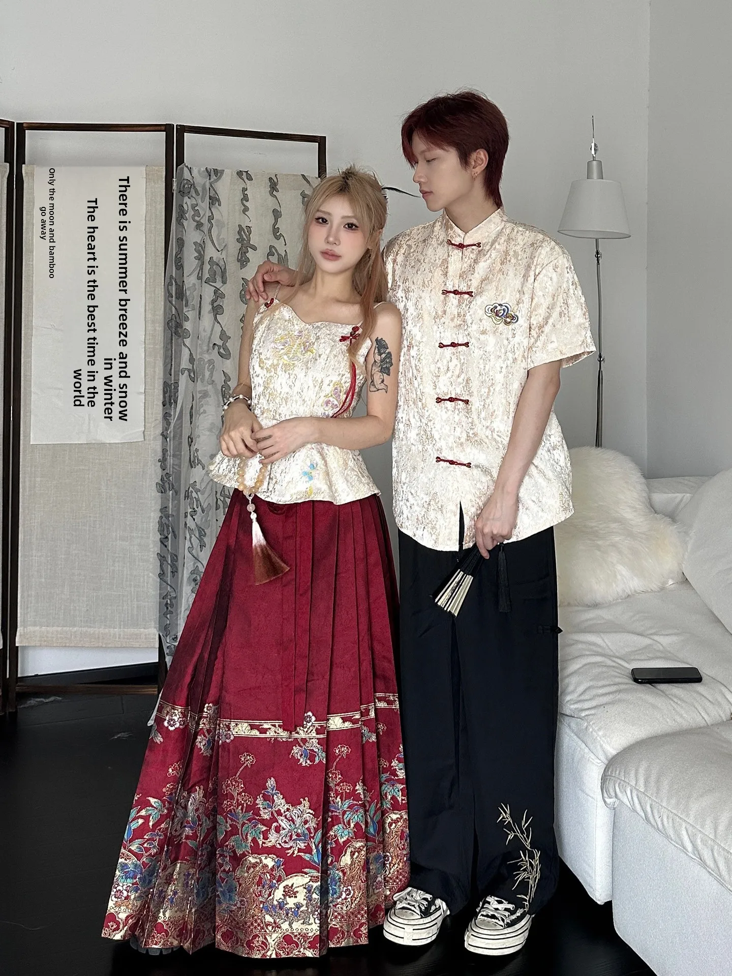 

New Chinese Style Couple Matching Outfit Retro National Pattern Embroidered Shirt Men's Small Audience Top Face Skirt P...