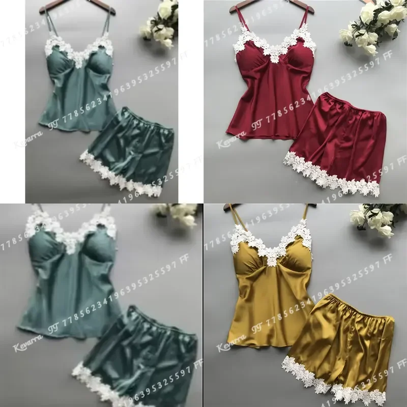 New European American Style Multi Color Deep V Neck Lace Camisole and Shorts Two Piece Set Women Loungewear Sleepwear