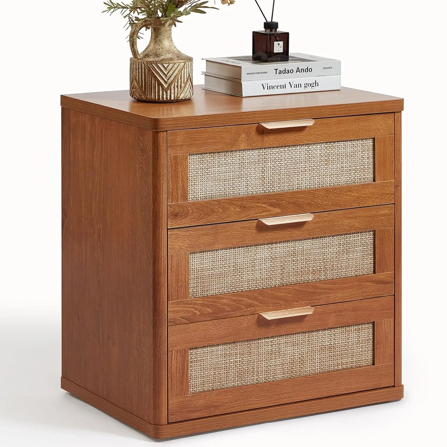 Rattan Nightstand with Drawer & Storage Shelf, Gold Handle, Boho Bedside Table for Bedroom Living Room Hallway, Customized