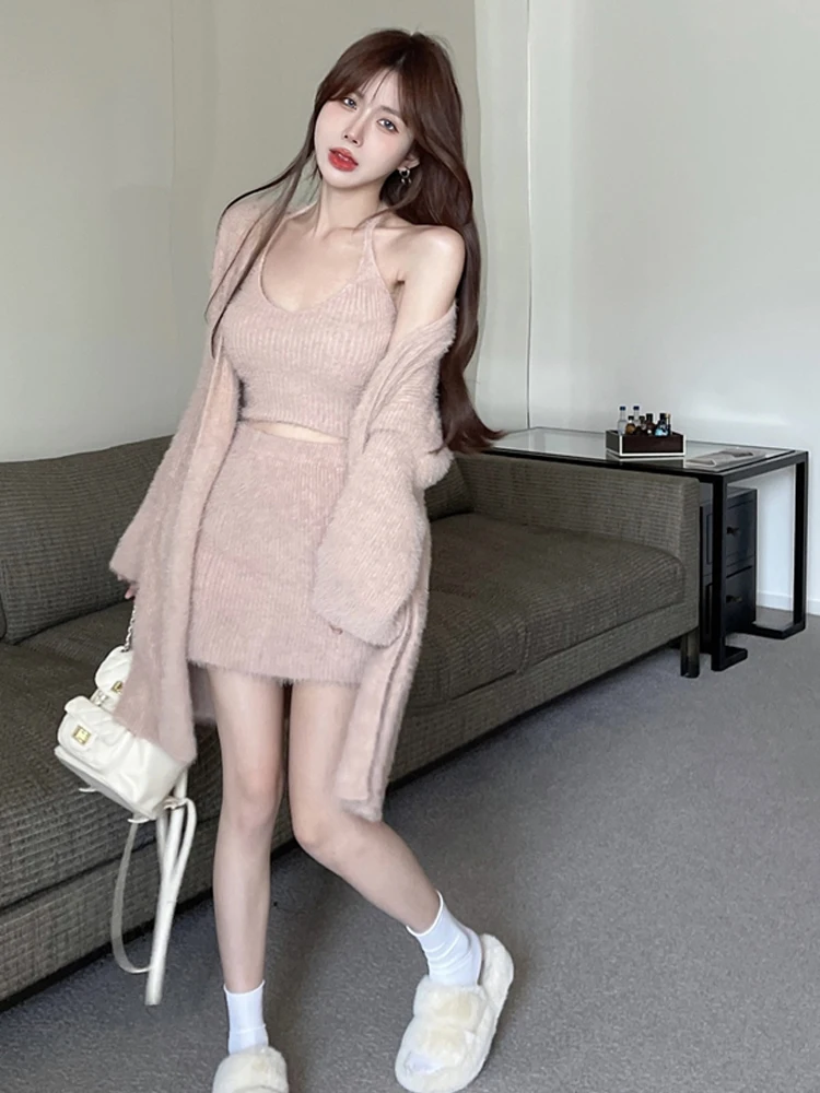 Autumn Winter Long Sleeve Mohair Knitting Sweater 2022 Women\'S New Hottie Vest Sweatercardigan Coat Bust Skirt Three Piece Set