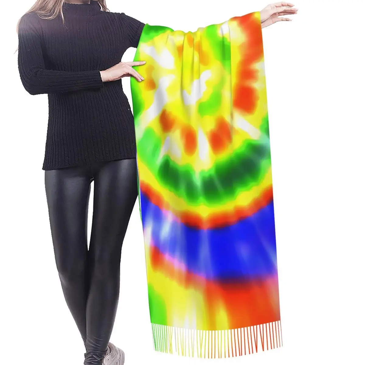 Custom Very Colorful Tie Dye Tassel Scarf Women Soft Traditional Dyeing Art Shawl Wrap Female Winter Fall Scarves