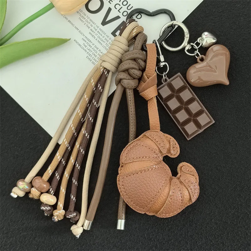 

Creative Diy Croissant Luggage Pendants High-quality Leather Keychain Fashion Braided Rope Pendant Versatile Phone Case Pendants