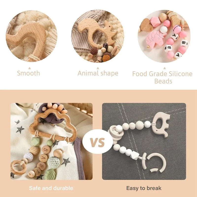 1Pcs Baby Wooden Teether Blocks Animal Natural Beech Teething Newborn Educational Toys Pacifier Chain Safe Pendant Products