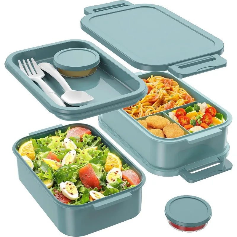 72oz, 3 Layers All-in-One Large Bento Box Leak-Proof with Utensil Sauce Dressing Containers for Dining Out,Work, Green