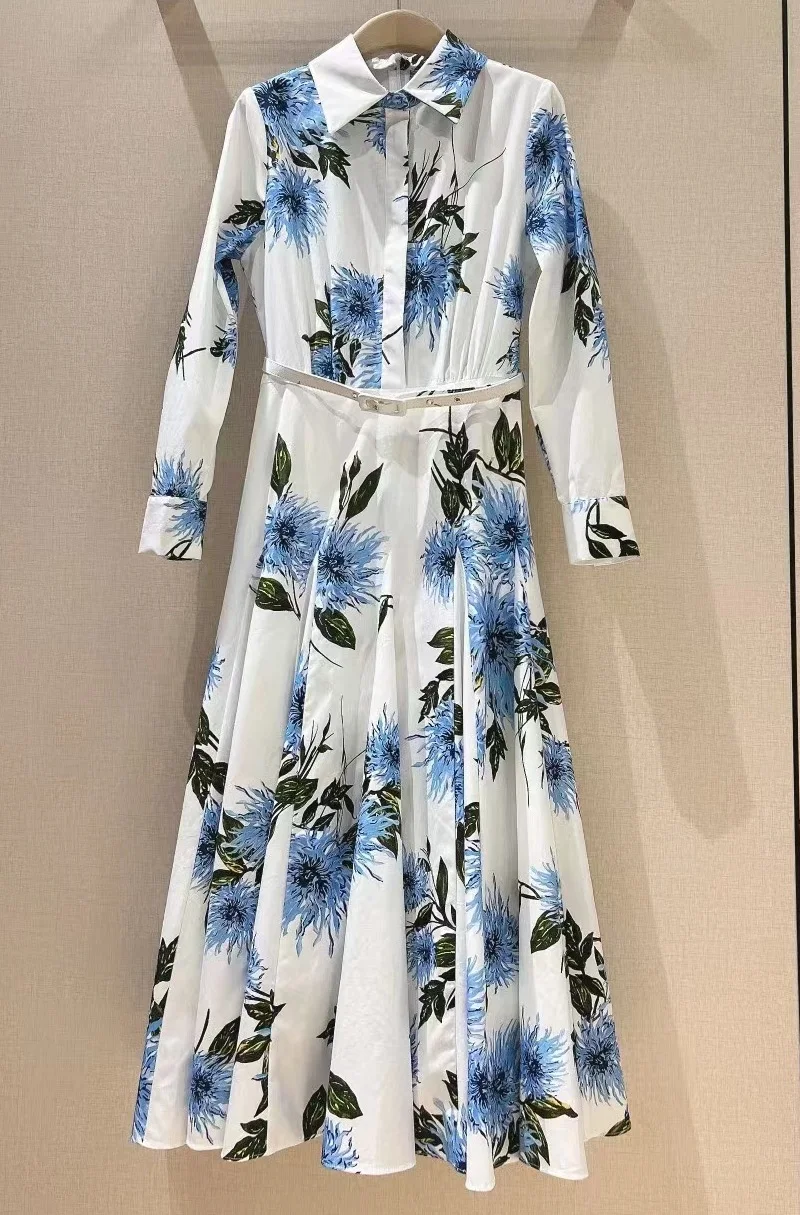 

Top Quality Women's Dress 2024 Spring Summer Design Fashion Ladies Turn-down Collar Blue Floral Print Long Sleeve Dress Belt