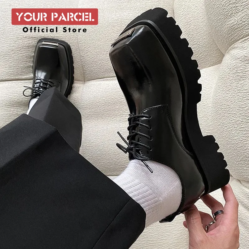 Paris Heightened Leather Shoes Versatile for Men and Women Large Square Head Thick Sole Derby Shoes, Metal Buckle Decoration