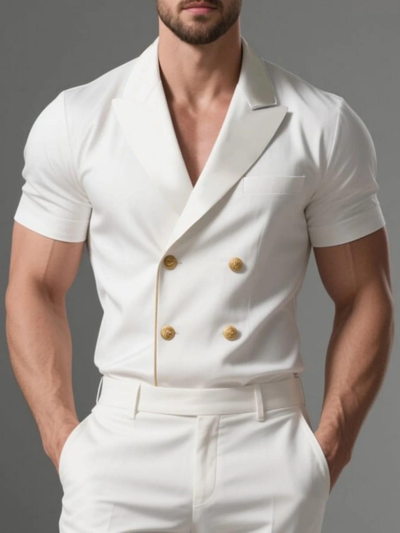 Men's Casual Business Shirt Slim Fit Double Breasted Short Sleeve White Peak Lapel Vintage Fashion Summer Office Cardigan Top