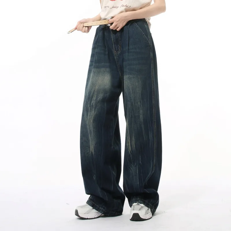 Colección de otoño para hombres, patrón lavado retro de moda, pierna recta ancha, pantalones vaqueros sueltos y versátiles para hombres y mujeres