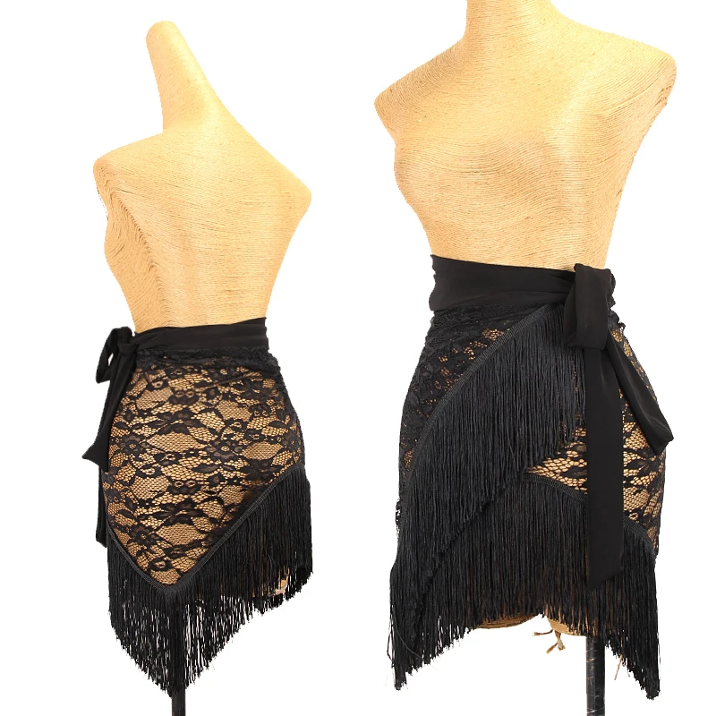 Black Lace Latin Dance Skirt Women Fringed Hip Scarf Sexy Tassel Latin Dance Clothes Samba Rumba Cha Cha Practice Wear DNV16433