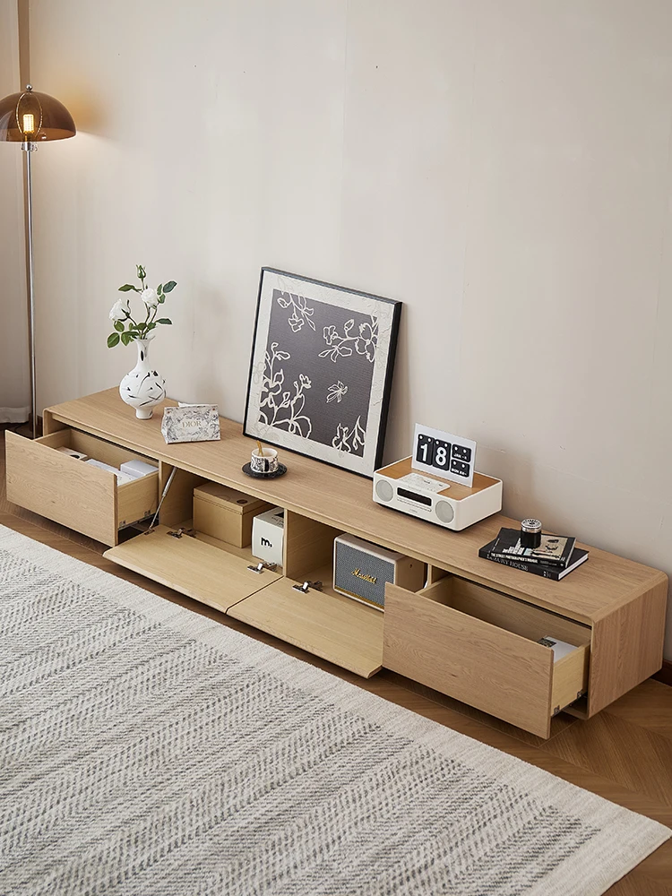 Solid wood TV cabinet coffee table combination Nordic simple modern living room floor light luxury log color Japanese floor