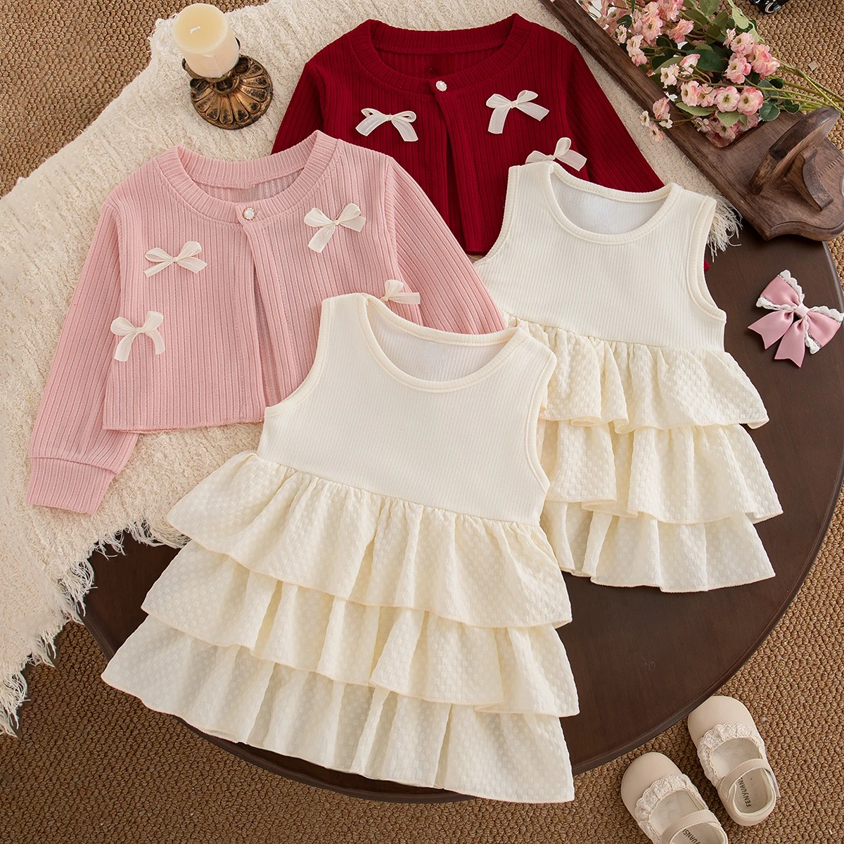 2pc Sweet Beauty Baby Dress Set Autumn/Winter New Cardigan Coat+Vest Dress 3-18 Months Cute Baby Daily Wear Casual Outing Dress