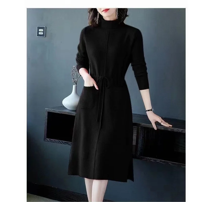 Turtleneck Knitted Dress Temperament Midi Dress Ladies Knitting Lacing Dresses Autumn Winter Elegant Pocket Vintage Dress Women