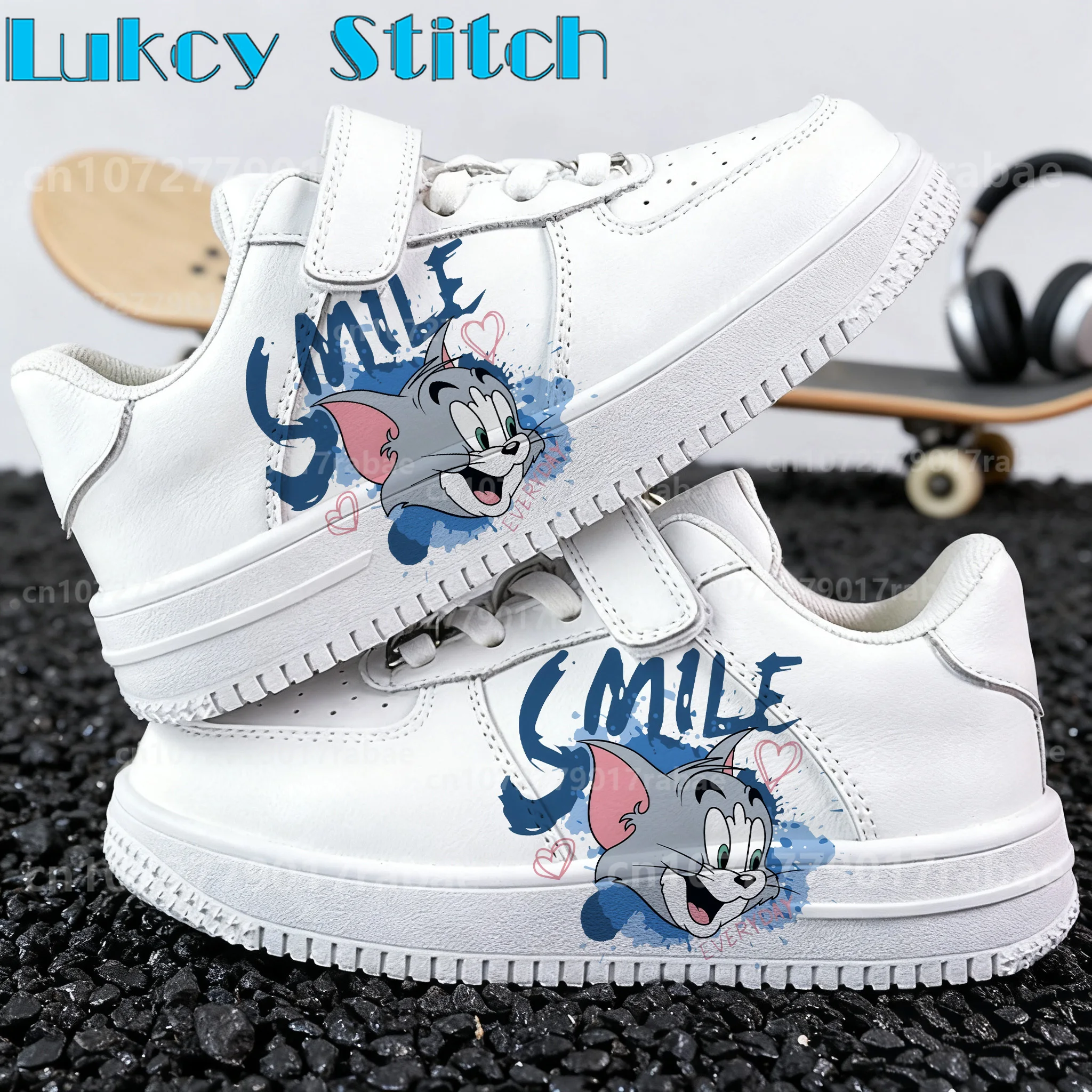 

Новая хит продаж, детская обувь Tom Cat Jerry Mouse, непромокаемая кожаная белая универсальная дышащая повседневная обувь для мальчиков и девочек