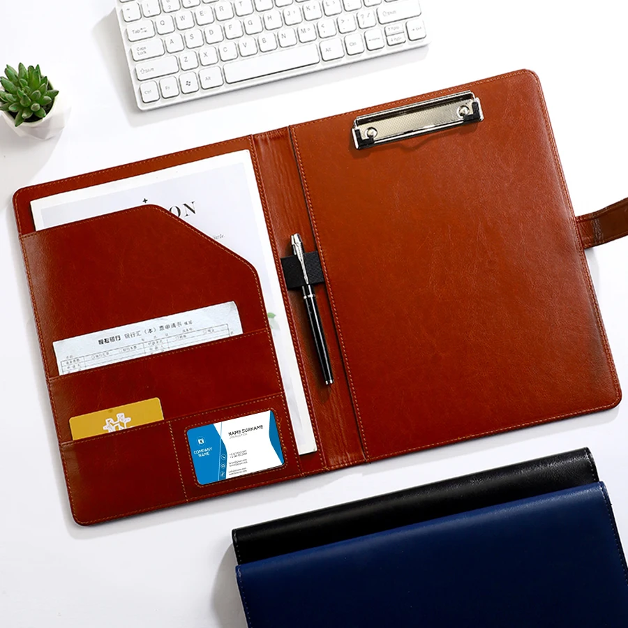 1Pc Texture PU Leather Multi-Functional Folder A4 Clip Pen Holder Card Slots - Business Office Meeting Organizer for Bank/Sales