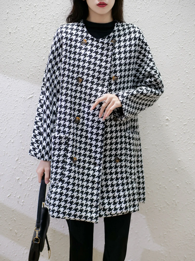 

Женское твидовое пальто с двойным воротником на груди, длинный све, средней длины, зимняя мода, клетчатый узор, смесь хлопка