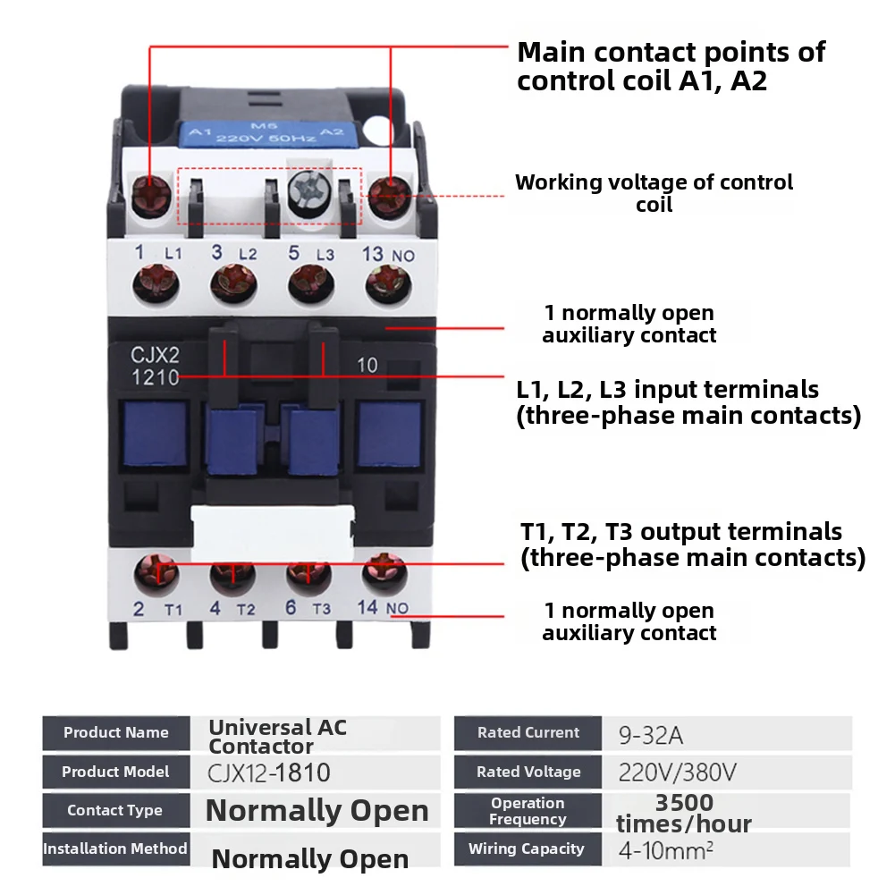 Household AC Contactor CJX2-1210 220V 12A 3 Pole with 1 Normally Open Auxiliary Contact for Motor Control and Automation