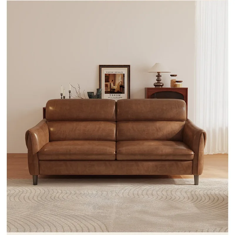 Home Medieval double small apartment oil wax leather sofa living room retro three-person cowhide sofa straight row