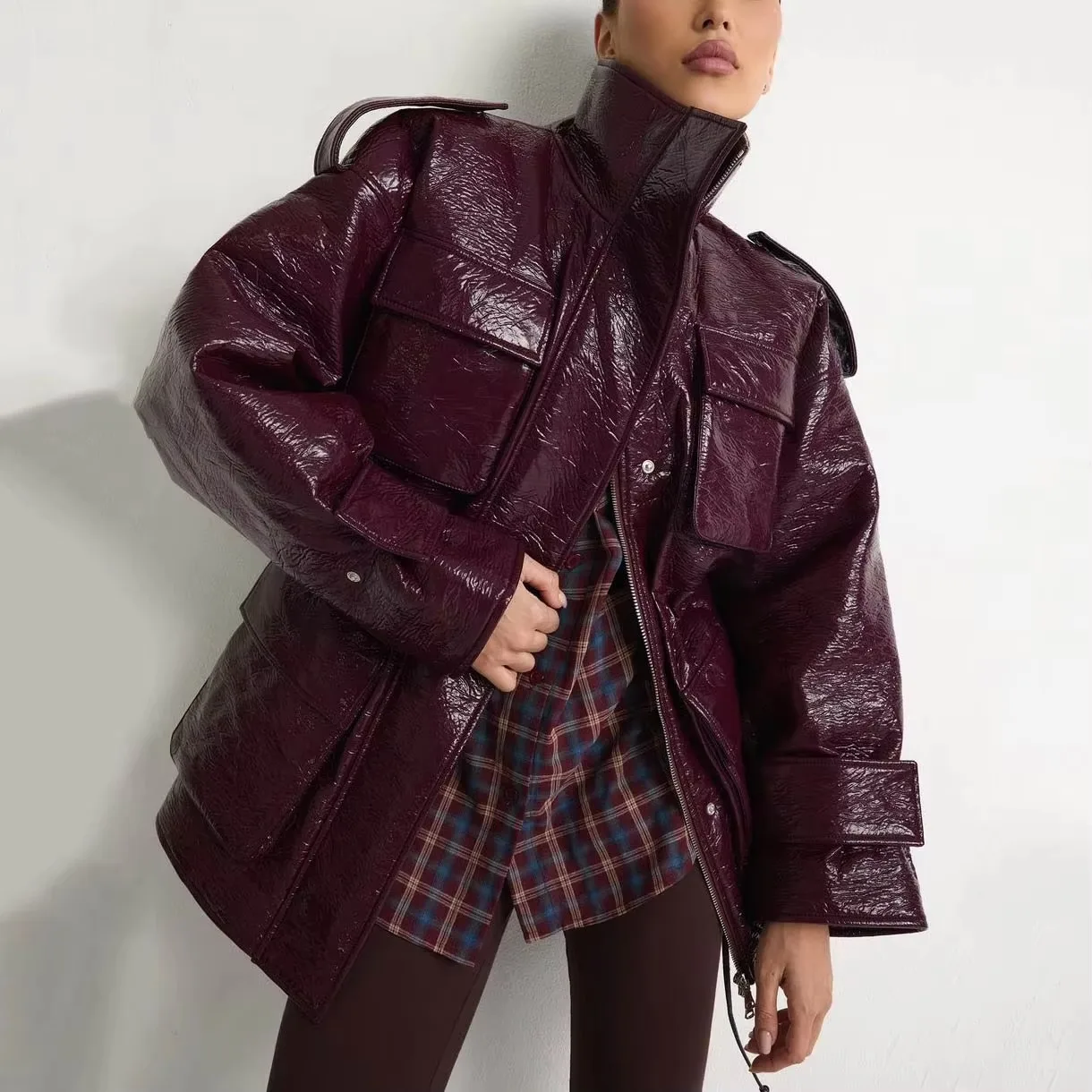 Women's Burgundy Faux Leather Jacket Zip Up High Neck Drawstring Waist Winter Warm Elegant Luxe Chic Outerwear
