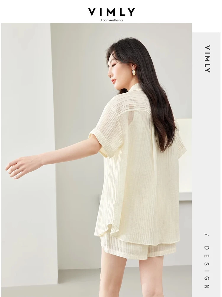 Vimly Summer Lyocell Shirt Shorts Two Piece Sets Womens Outfits Button Down Shirts Elastic Waist Short Pant Woman Clothing M6805