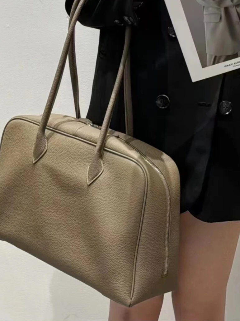 

Large Capaci Top Layer Cowhide Boston Pillow Bag Underarm Tote Bag Commuter Single oulder Handbag Casual Simple Sle