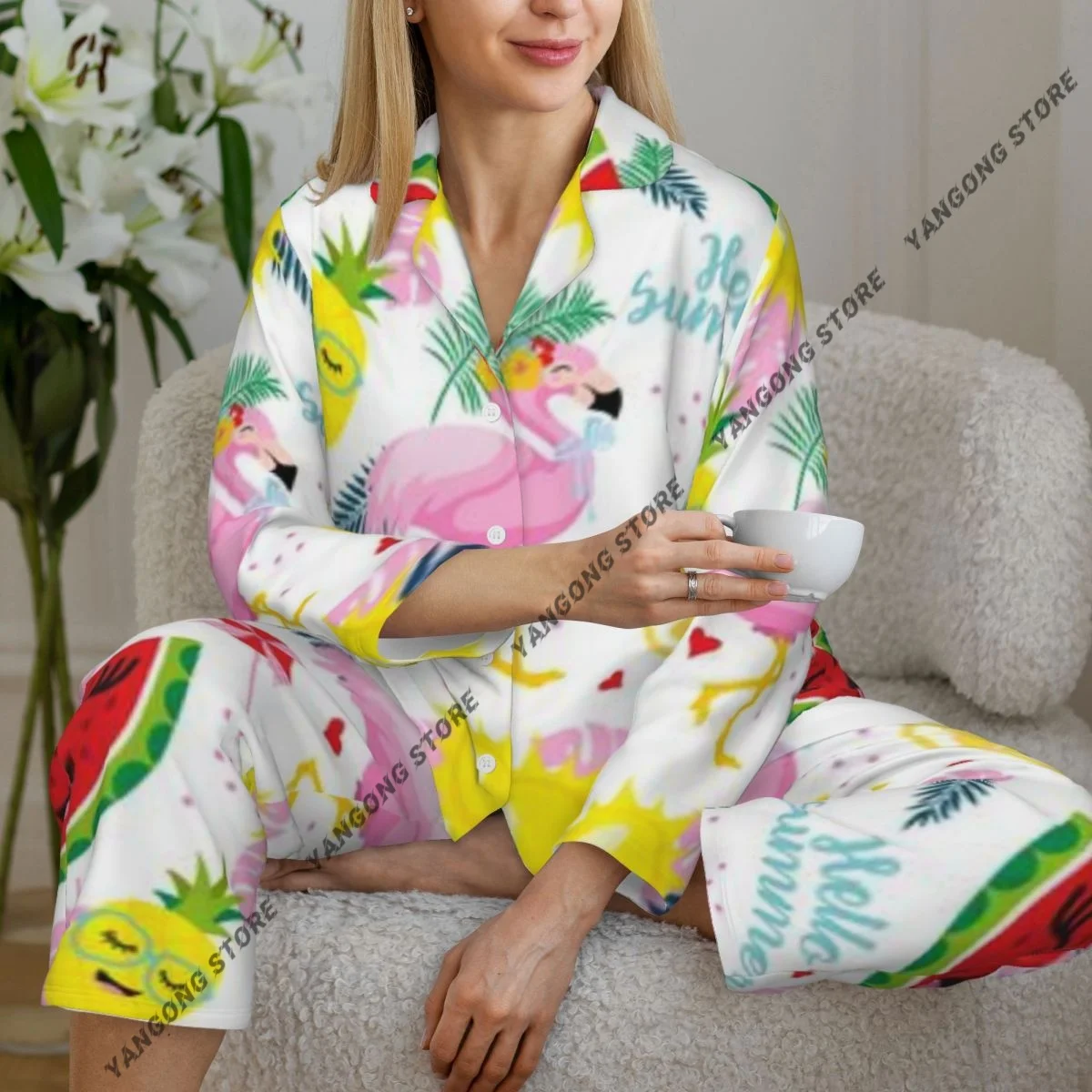

Spring Autumn Sleeve Pants Pajamas Loungewear Set Flamingos Watermelon Lemon Pineapple Women's Pull Edge Loose Sleeping Suit