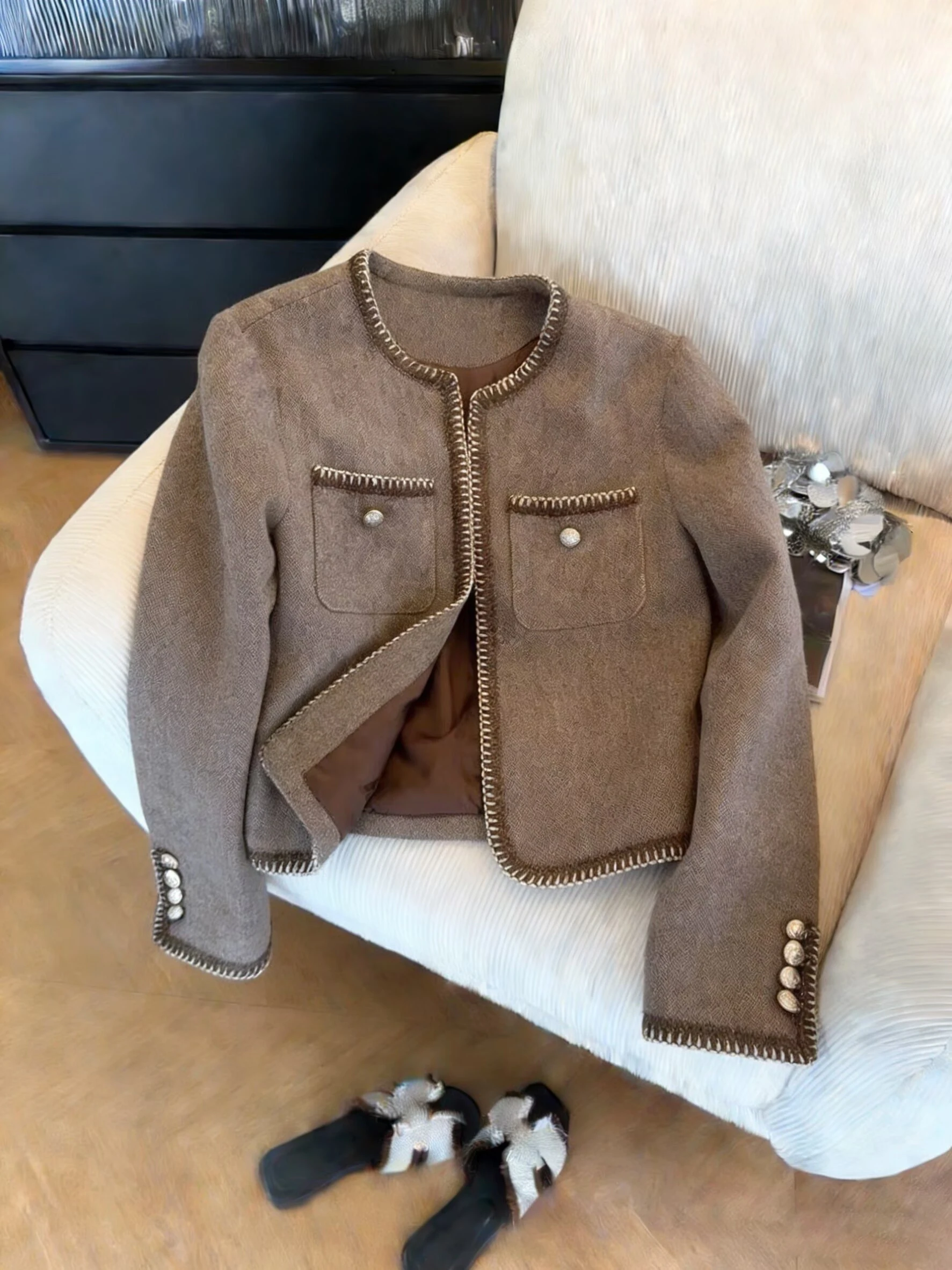 

Ретро-жакет с круглым вырезом и плетеными элементами, свободного кроя, весна-осень, высококачественная модная верхняя одежда