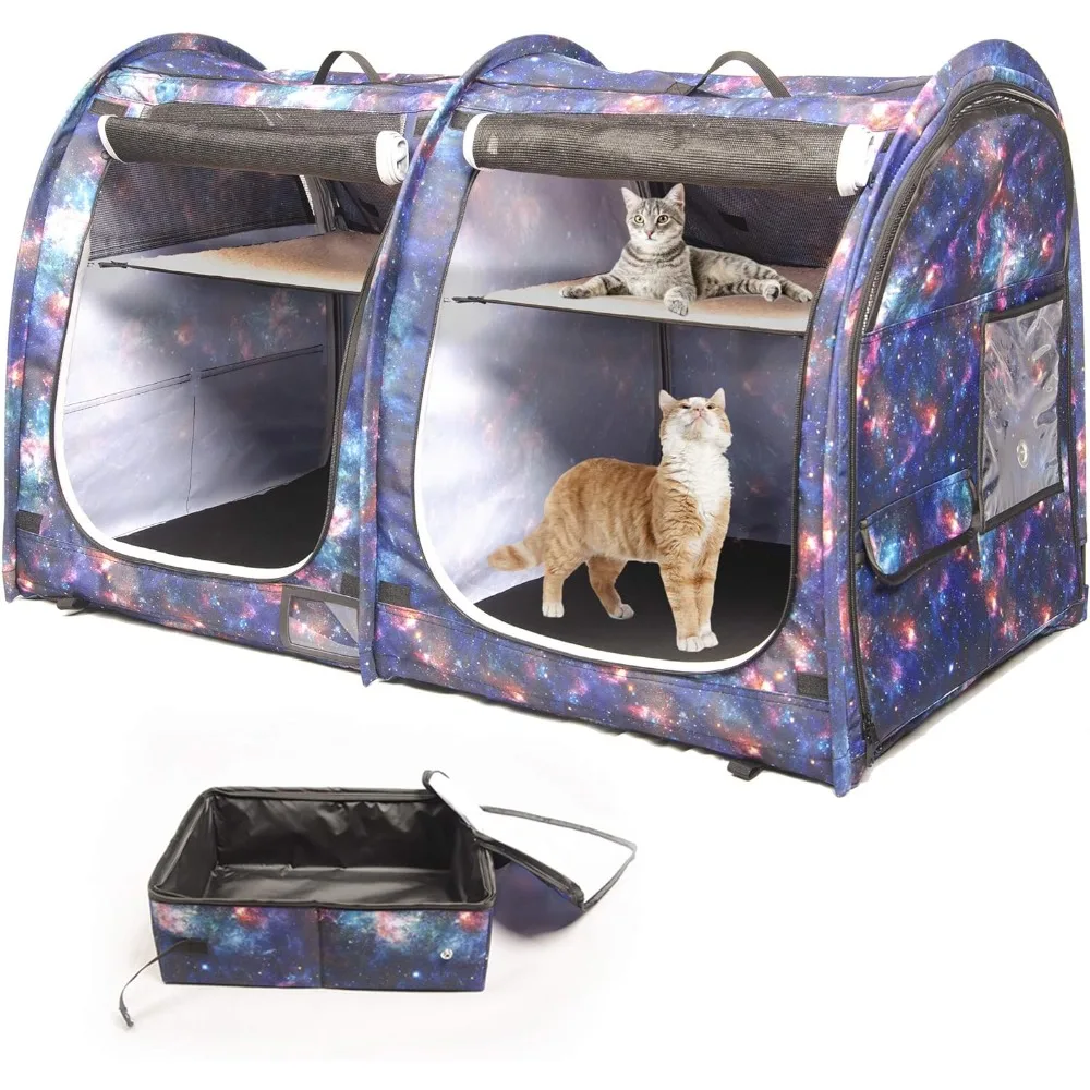 

Portable Cat Cage/Condo - Easy to Fold & Carry Kennel - with Portable Carry Bag/Two Hammocks/Mats and Collapsible Litter Box