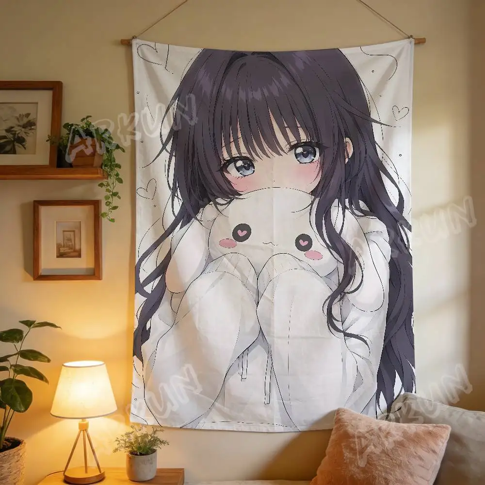Kawaii Dark Purple Hair Anime Girl Tapestry, Cute Girl Hold Bunny Plush Wall Hanging Cartoon Sweet Aesthetic Wall Decor