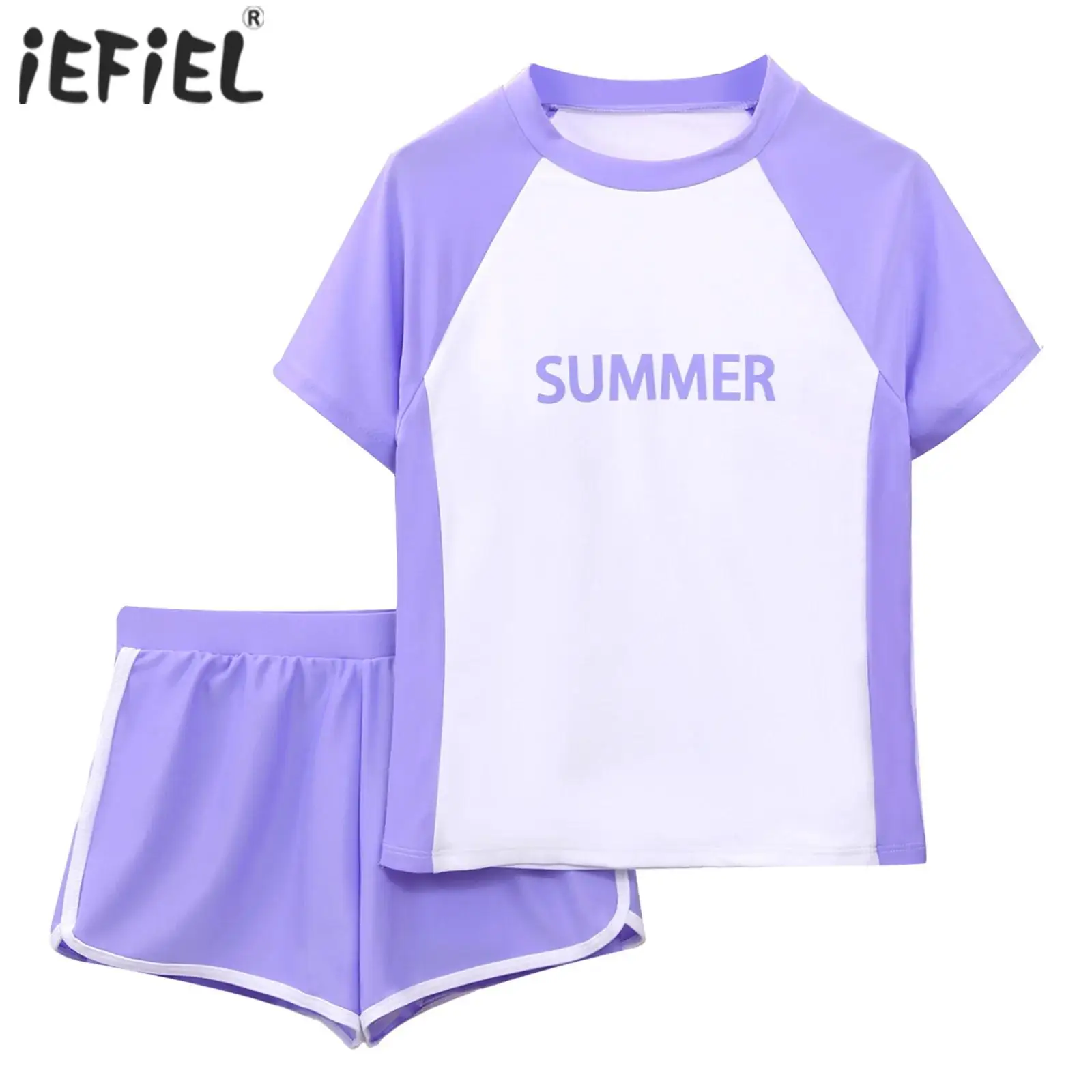 

Kids Girls Two-Piece Rash Guard Color Block Swim Sets Short Sleeve Top with Elastic Waistband Shorts for Swimming Bathing Suit