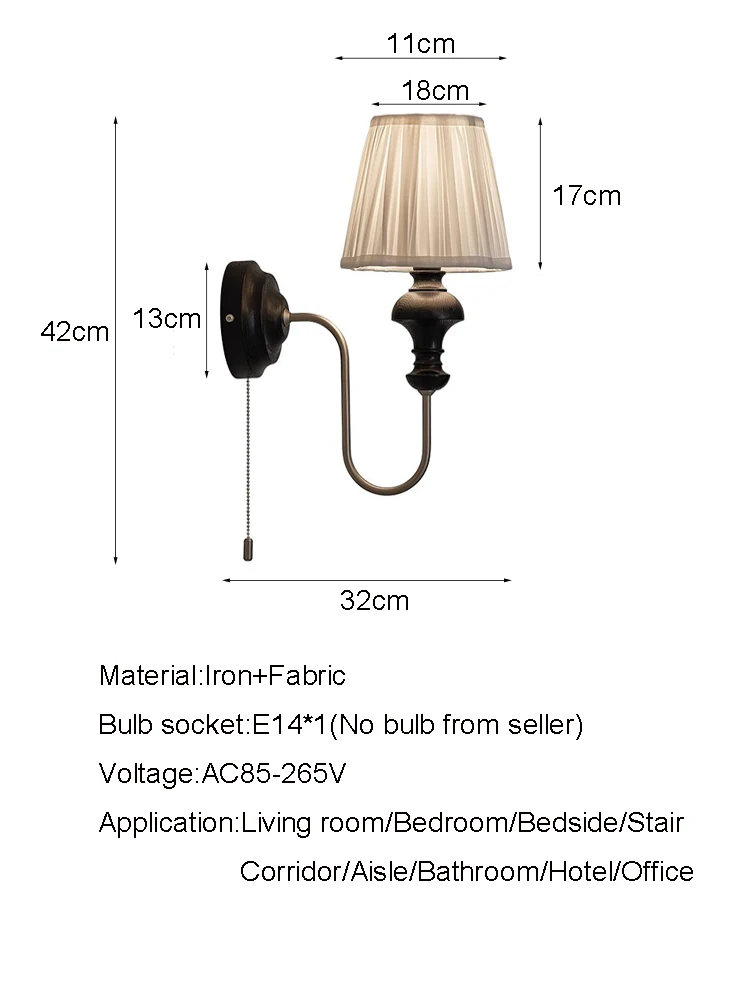 Retro Cream Style Fabric Living Room Wall Lamp Chain Switching Bedroom Bedside Lamp Background Hotel Corridor Stair Wall Light