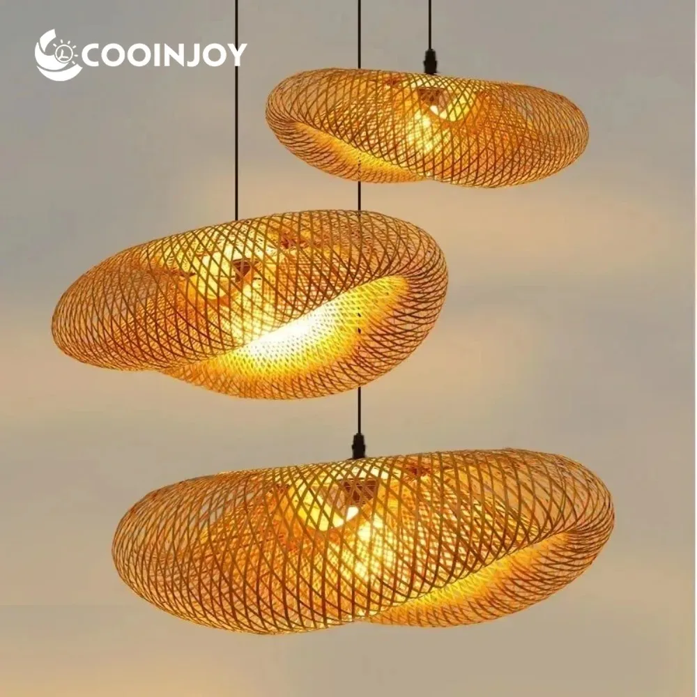 

COOINJOY Bamboo Hand Weaving Pendant Lights 60/80cm Hanging LED Ceiling Lamp Chandelier Fixture Rattan Woven Home Bedroom Decor