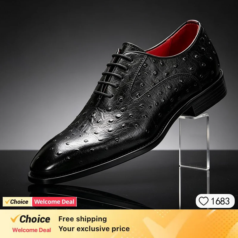 Men's Handmade Genuine Leather Ostrich Pattern Formal Casual Business Shoes 2026 Fashion Trend Cowhide Leather Footwear