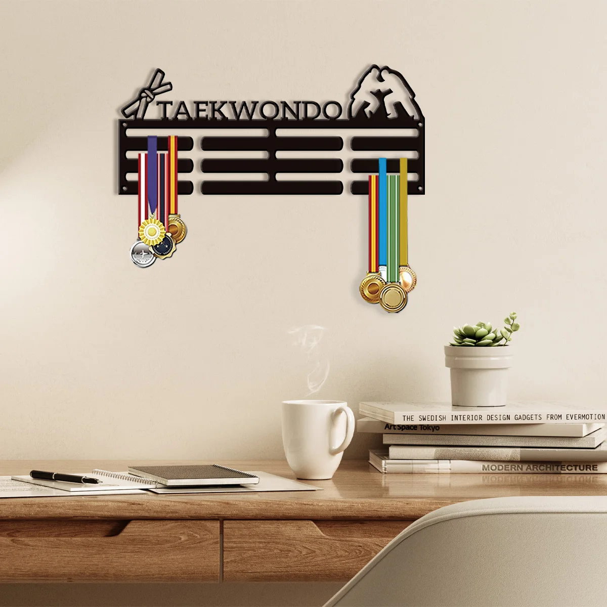A minimalist style customization Wrestler Black metal medal display stand - athlete medal ribbon organizer Gifts for athletes