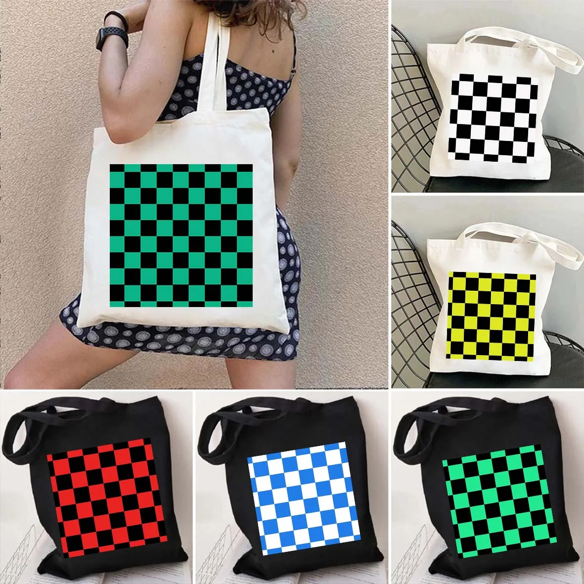 Colorful Checkered Pattern Chessboard Chess Board Men Women's Canvas Shoulder Shopper Totes Bag Cotton Fashion Shopping Handbags