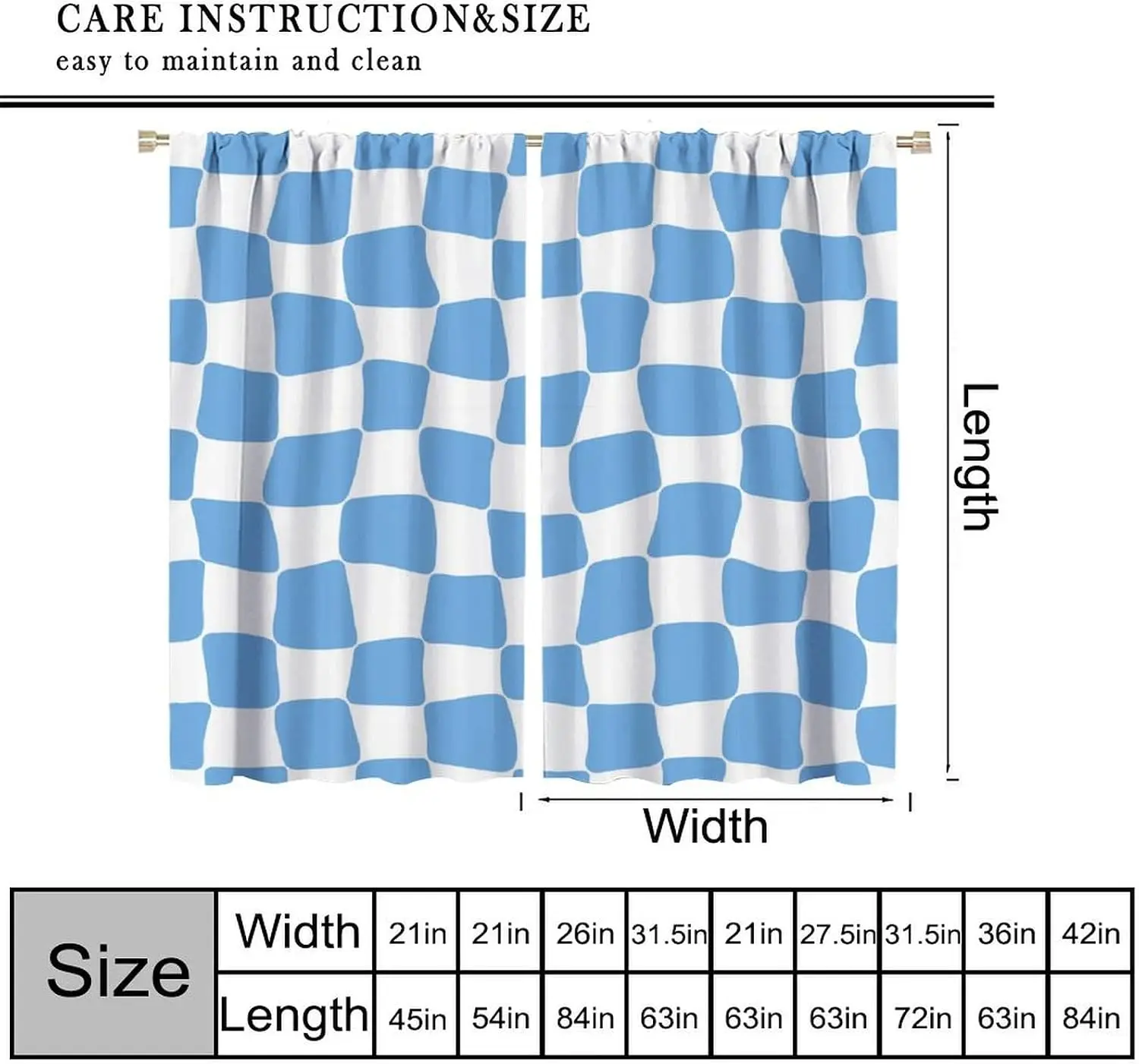Cute Distorted Blue White Check Curtains, All Over Soft Wavy Irregular Square Grid Pastel Print for Kids Bedroom Balcony Living