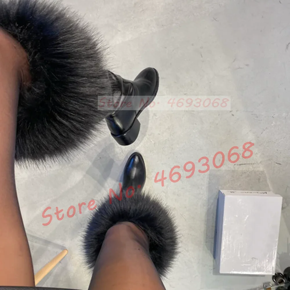 Black Fur Wrap Knee-length Boots Women Sexy Round Toe Chunky Low Heels Shoes New Design Office Ladies Casual Long Dress Boots