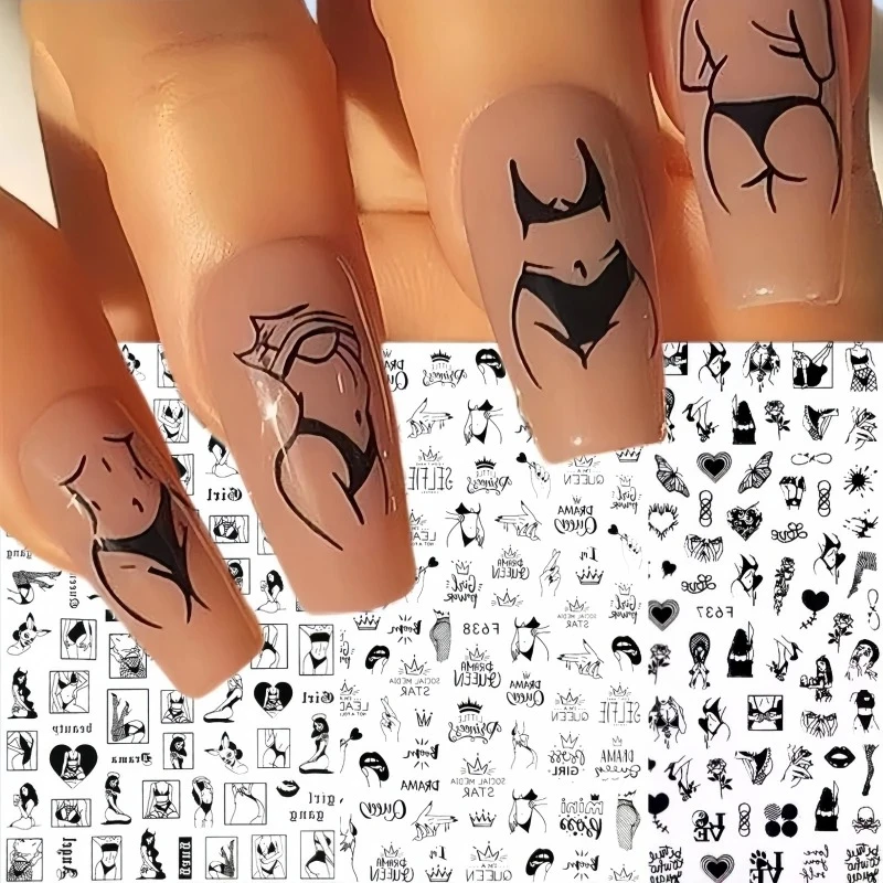 

3D Sexy Girl Nail Stickers Black And White Love Luxury Design For Women Nail Decals Nail Art Decoration Sticker DlY Floral